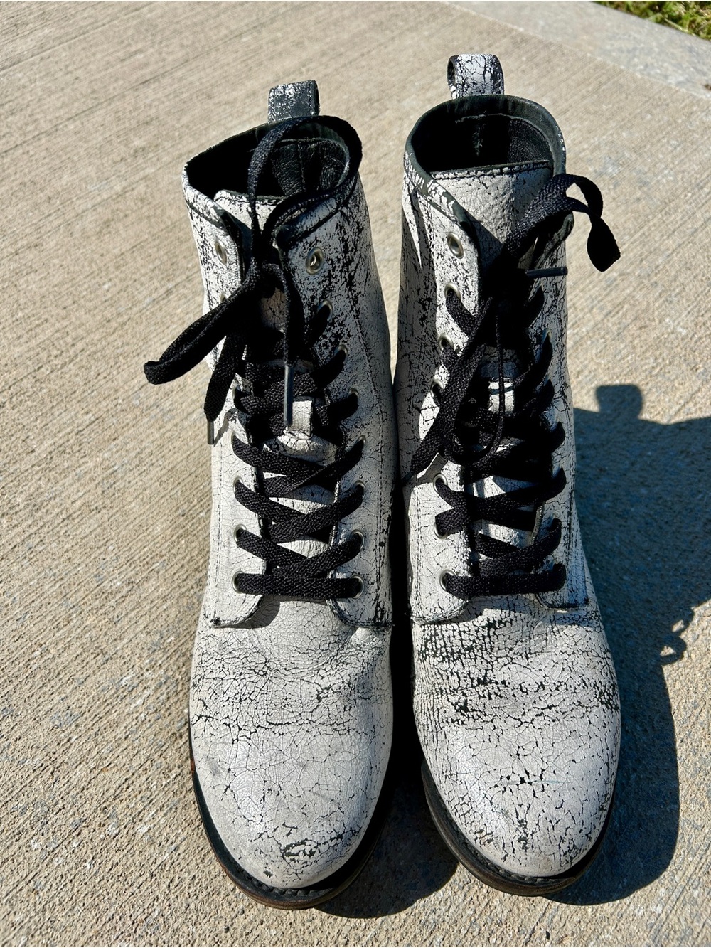 Frye White Crackle Lace-Up Combat Boots with Black Laces